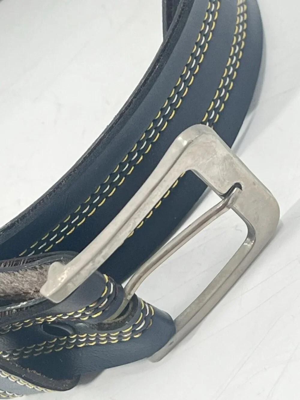 Vtg Tex Tan Bonded Leather Belt Black Contrast Stitch Silver Buckle Sz 32
